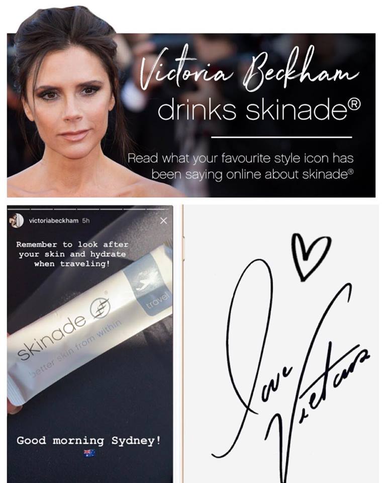 victoria beckham drinks Skinade available at Sparx Beauty Salon Winchester